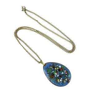 Vintage Enamel Pendant Necklace 24 inch Chain Gold Tone Floral Abstract Oval